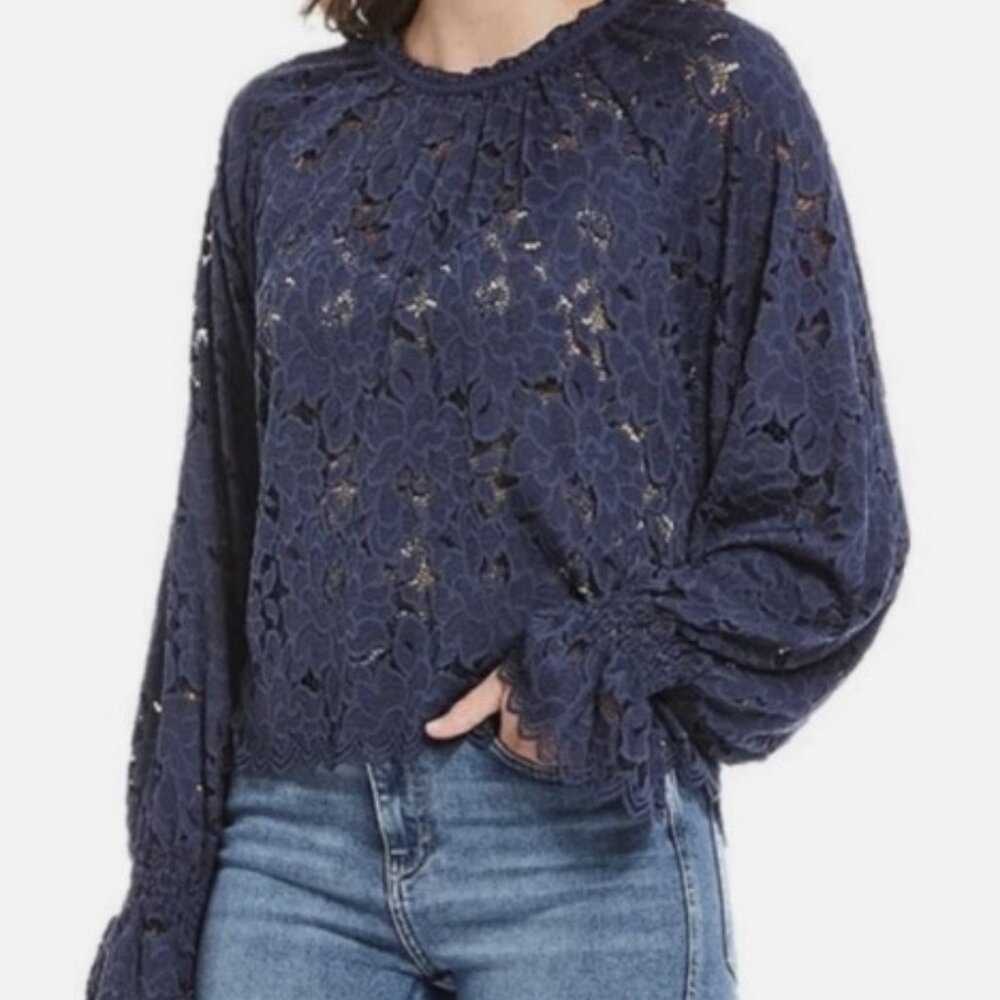 Free People Olivia Floral Lace Top Navy Blue, Medium